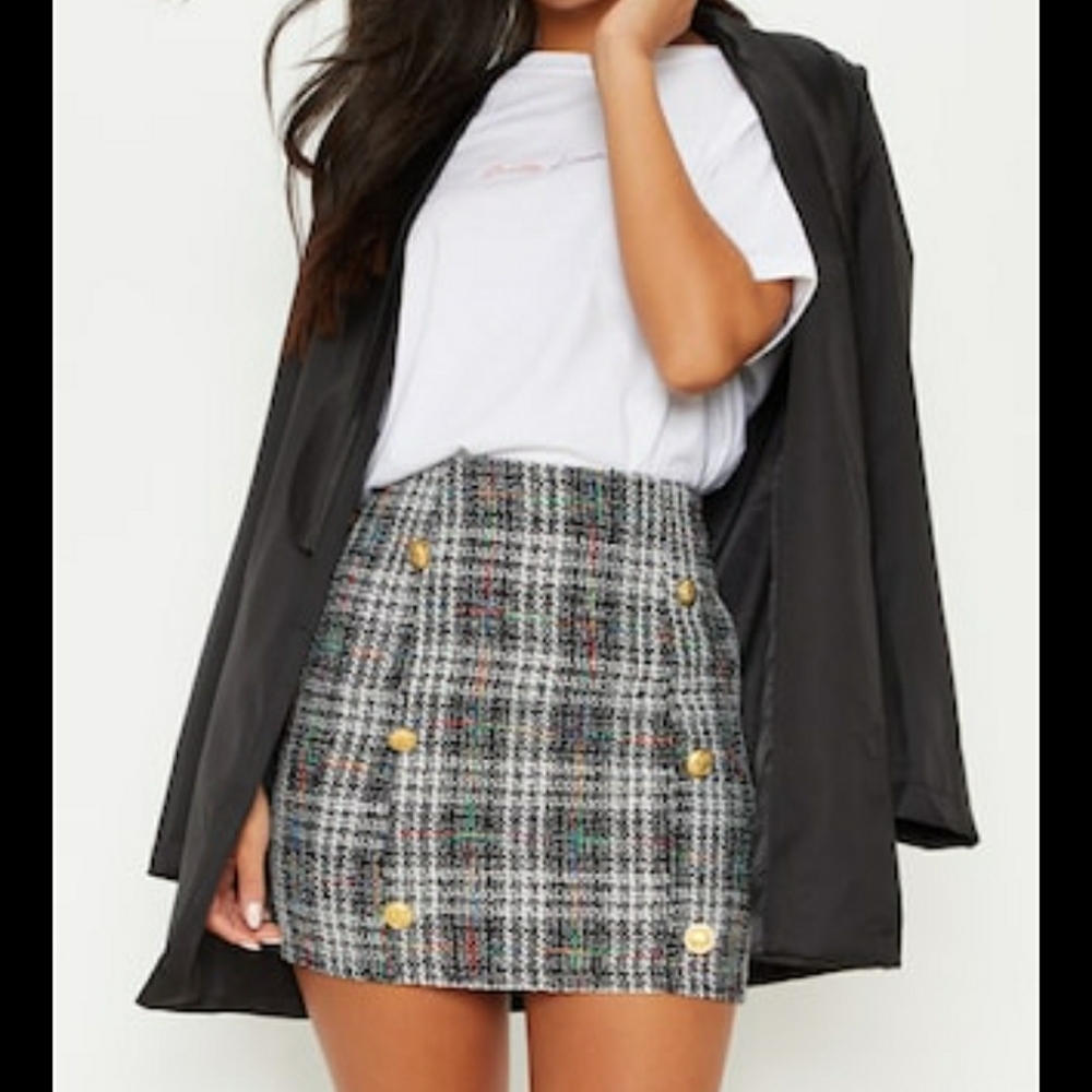Black tweed button detail mini skirt